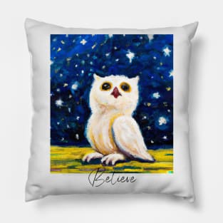 Starry Night Owl: Digital Art of a White Baby Owl and a Starry Sky Pillow