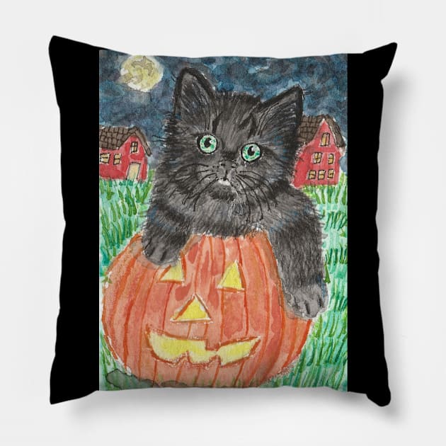 Halloween cat kitten pumpkin Pillow by SamsArtworks