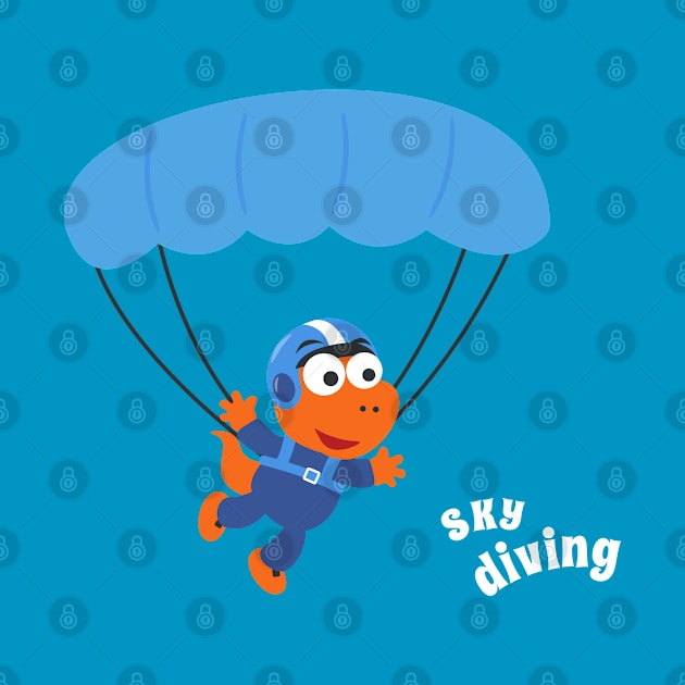 cartoon illustration of skydiving with litlle dinosaur by KIDS APPAREL