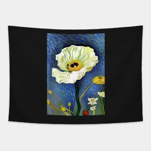 CREAM POPPY WITH BLUE AND GREEN BACKGROUND Tapestry