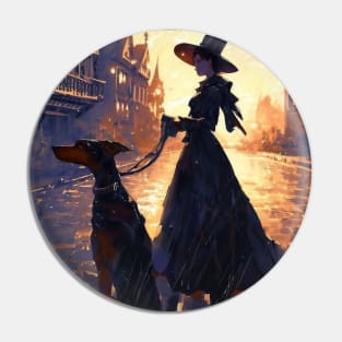 Victorian woman with doberman dog on street Pin