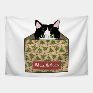 Christmas gift with cat in a box. Funny cat. Christmas print. Tapestry