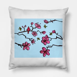 RED BIRD IN CHERRY BLOSSOMS Pillow