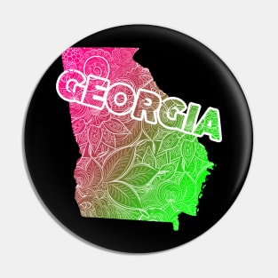 Colorful mandala art map of Georgia with text in pink and green Pin