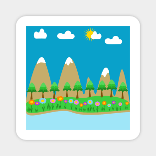 A scenic landscape with a mountains, trees,  sky, clouds and a river with boat Magnet