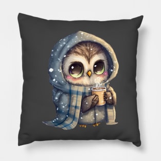 Chibi Owl Drinking Hot Chocolate cute christmas snow design series 5 Pillow