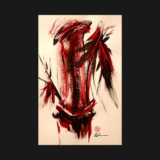 Scarlet Solace - Original Sumi-e Bamboo Painting by tranquilwaters
