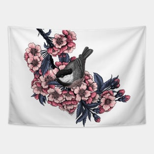 Chickadee on a blooming cherry branch Tapestry