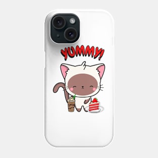 Cute white cat is having coffee and cake Phone Case