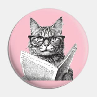 Cat with glasses reading paper. Pin