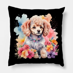 A baby poodle decorated with beautiful watercolor flowers Pillow