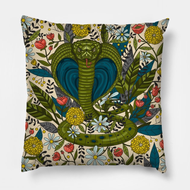 Cobra Snake with Floral Decor Pillow by Simplulina