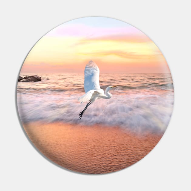 Egret Flies Toward an Ocean Sky Pin by lauradyoung