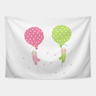 Twin baby arrival card with balloon Tapestry