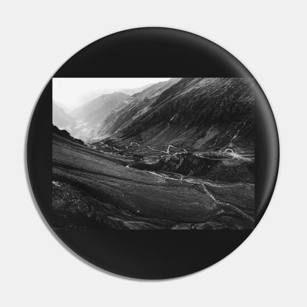 Black and White Shot of Swiss Alpine Road Winding Through Valley Pin by visualspectrum