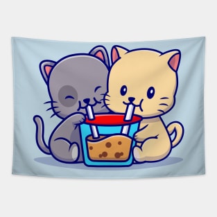 Cute Couple Cat Drink Boba Milk Tea Cartoon Tapestry