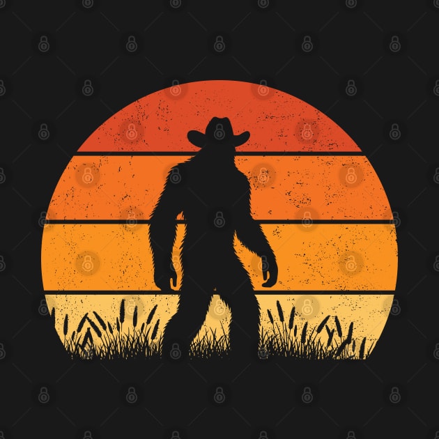 Bigfoot Sasquatch Cowboy in the Wild Vintage Retro Sunset Outdoor by Cuteness Klub