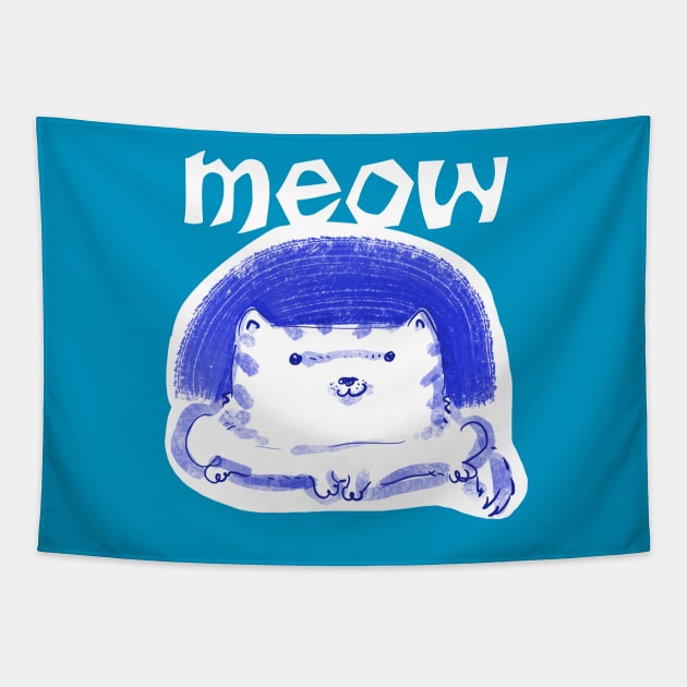 meow cute white cat funny cartoon Tapestry by anticute