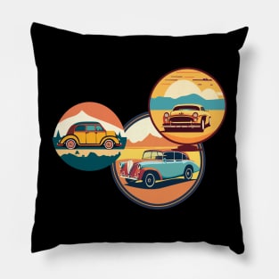 t-shirt design featuring a vintage car with a scenic landscape in the background, detailed illustration, and retro style2 Pillow