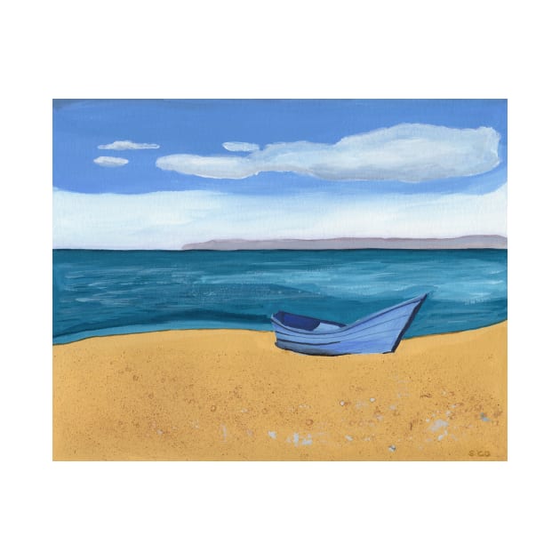 Blue Boat by the Ocean Gouache Painting by Sandraartist