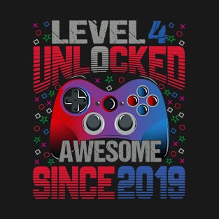 Level 4 Unlocked Awesome Since 2019 4th Birthday Gaming T-Shirt