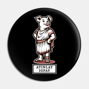 Latin Pig in Toga Cartoon T-Shirt, Funny Pig Latin Phrase Tee, Novelty Graphic Shirt, for Pig and Pig Latin Enthusiasts Pin