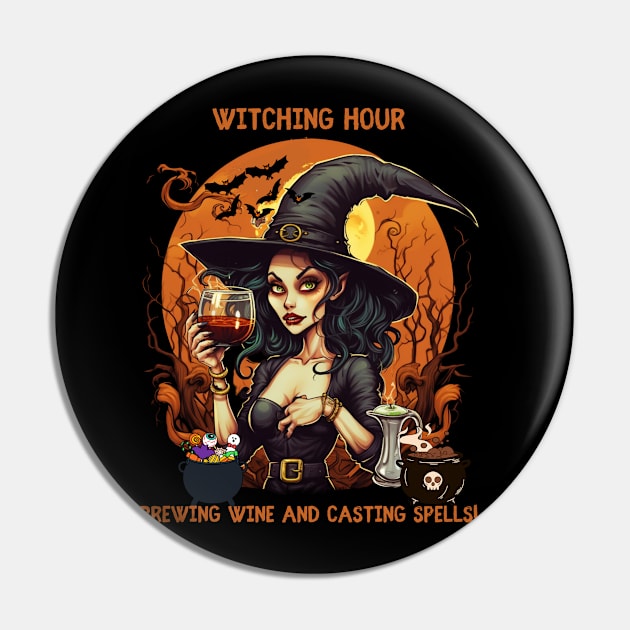 Witching Hour Brewing Tea and Casting Spells The Wine  Party Halloween Pin by Positive Designer