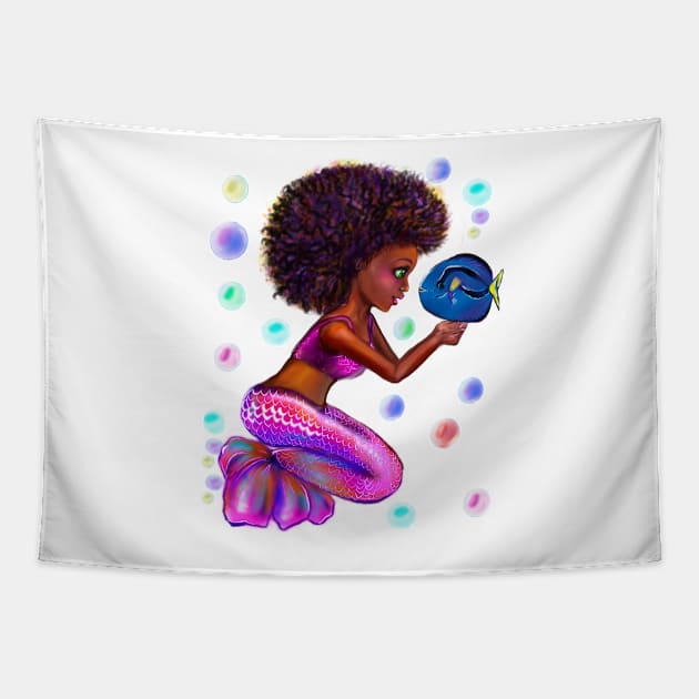 Black anime mermaid with blue tang fish and bubbles. Pretty black girl with Afro hair, green eyes, Cherry pink lips and dark brown skin. Hair love ! Tapestry by Artonmytee