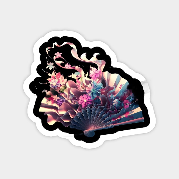 Colorful and Artistic Depiction of a Blooming Flower Arrangement Emerging from an Open Fan, Inspired by Traditional Japanese Art Magnet by animegirlnft