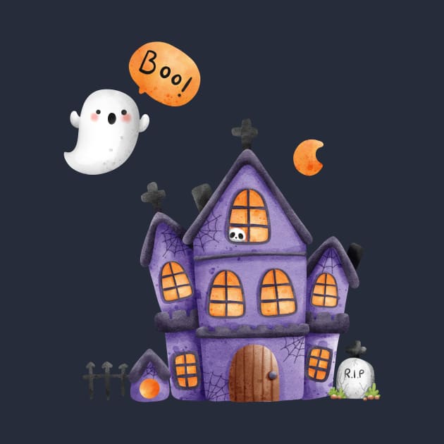 Spooky Halloween house and cute ghost by Ieva Li ART