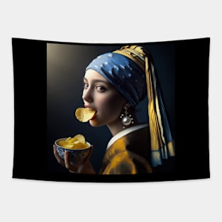 Girl with Pearl Earrings Snacking: Celebrate National Potato Chip Day Tapestry