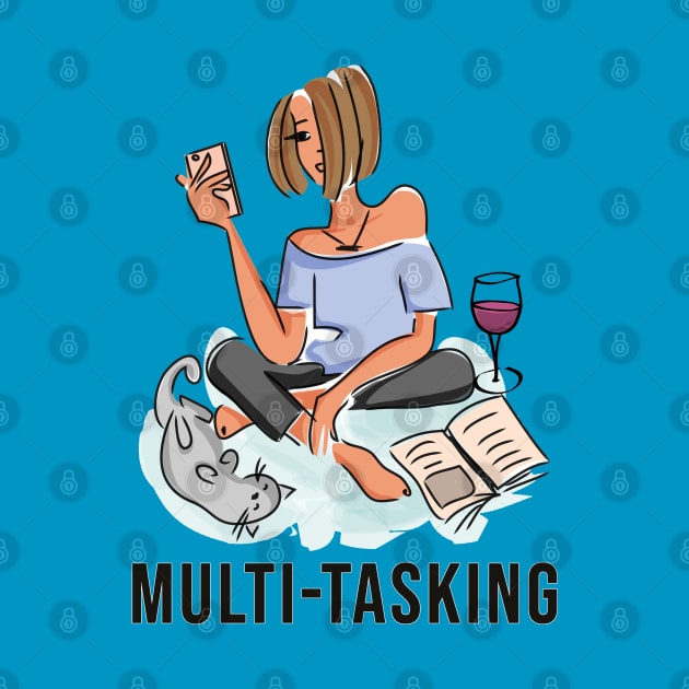 Multitasking girl with wine, books, cell phone and her cat! by Gear 4 U