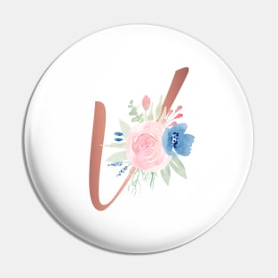 Letter V Rose Gold and Watercolor Blush Pink and Navy Pin