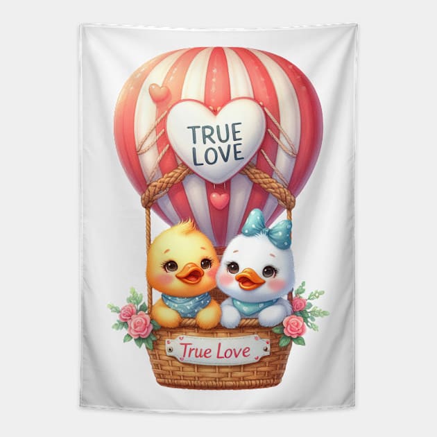 Valentine Bird Couple On Hot Air Balloon Tapestry by Chromatic Fusion Studio