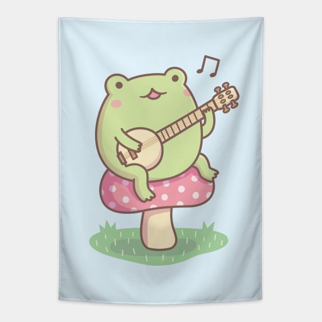 Cute Frog Playing Banjo On Toadstool Tapestry by rustydoodle