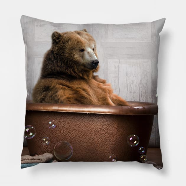 Bear in a Bathtub Pillow by DomoINK