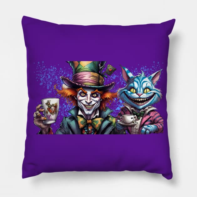 Mad Hatter and Cheshire Cat drink tea Pillow by Viper Unconvetional Concept