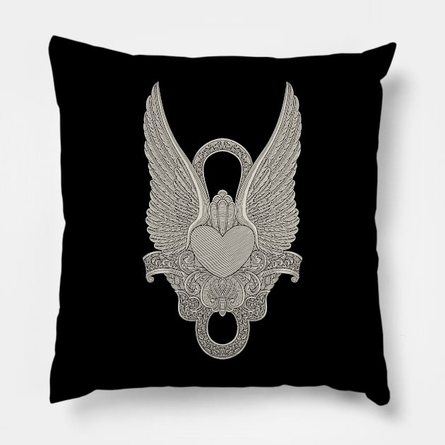 Heart with wings and gothic ornamental, vintage engraving drawing style illustration Pillow by Ardiyan nugrahanta