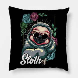 Sloth - Cool Sloth With Sunglasses and Flowers Pillow