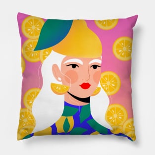 Lemon girl with lemon hat and lemon slices Pillow