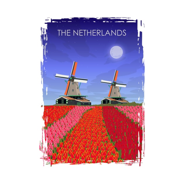 The Netherlands Vintage Minimal Retro Windmills Tulips Travel Poster by jornvanhezik