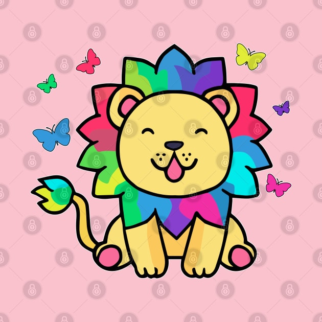 Happy smiling lion with butterflies. Kawaii cartoon by SPJE Illustration Photography