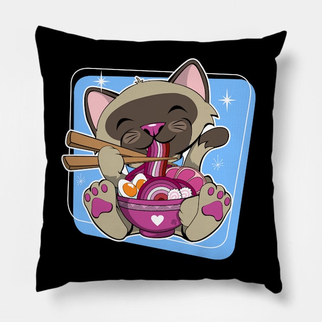 Cat Eating Ramen Lesbian Pride Pillow by CuddleswithCatsArt