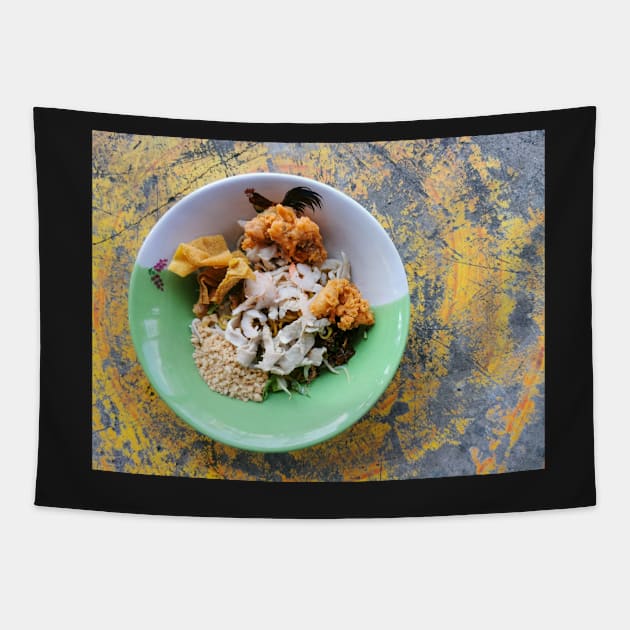 Thai street food. Asian yellow egg noodle with chicken and shrimp on cement background. Tapestry by Nalidsa