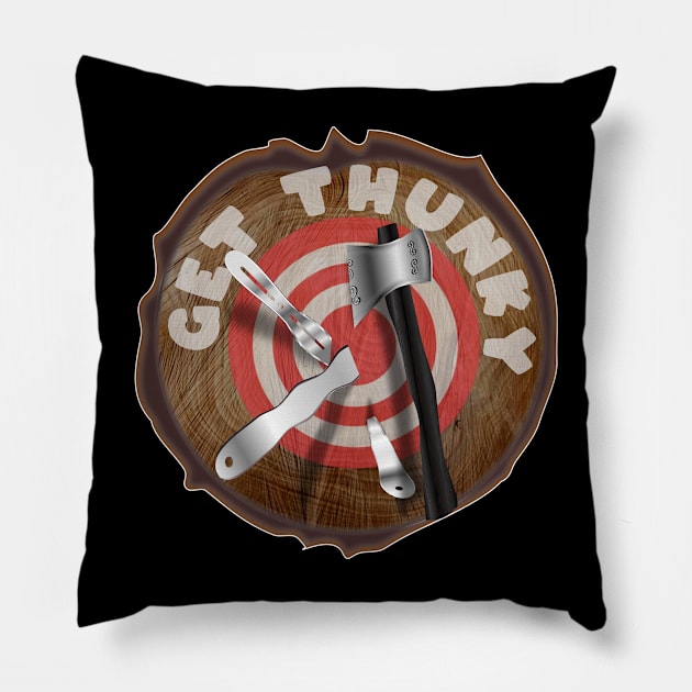 Get Thunky - Tree Stump Axe & Knife Throwing Target Pillow by geodesyn