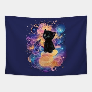 Night Magic: Black Kitten Sitting on Pink Clouds under a Starry Sky Tapestry