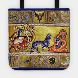 MEDIEVAL BESTIARY,DEERS,GOAT,CAMEL PANTHER,SNAKE DRAGON,FANTASTIC ANIMALS IN GOLD RED BLUE COLORS Tote