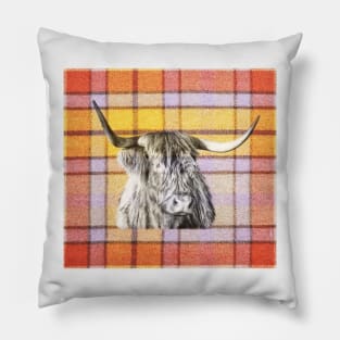 Tartan Highland Cow in Black and White Pillow