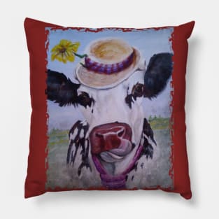 Funny Dairy Cow in Flower Hat Pillow