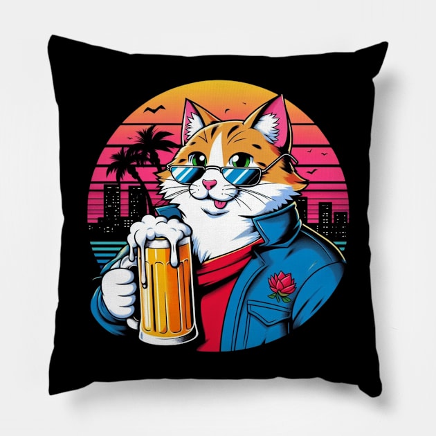 Vintage Retro Anime Cat Drinking Beer Pillow by Malus Cattus